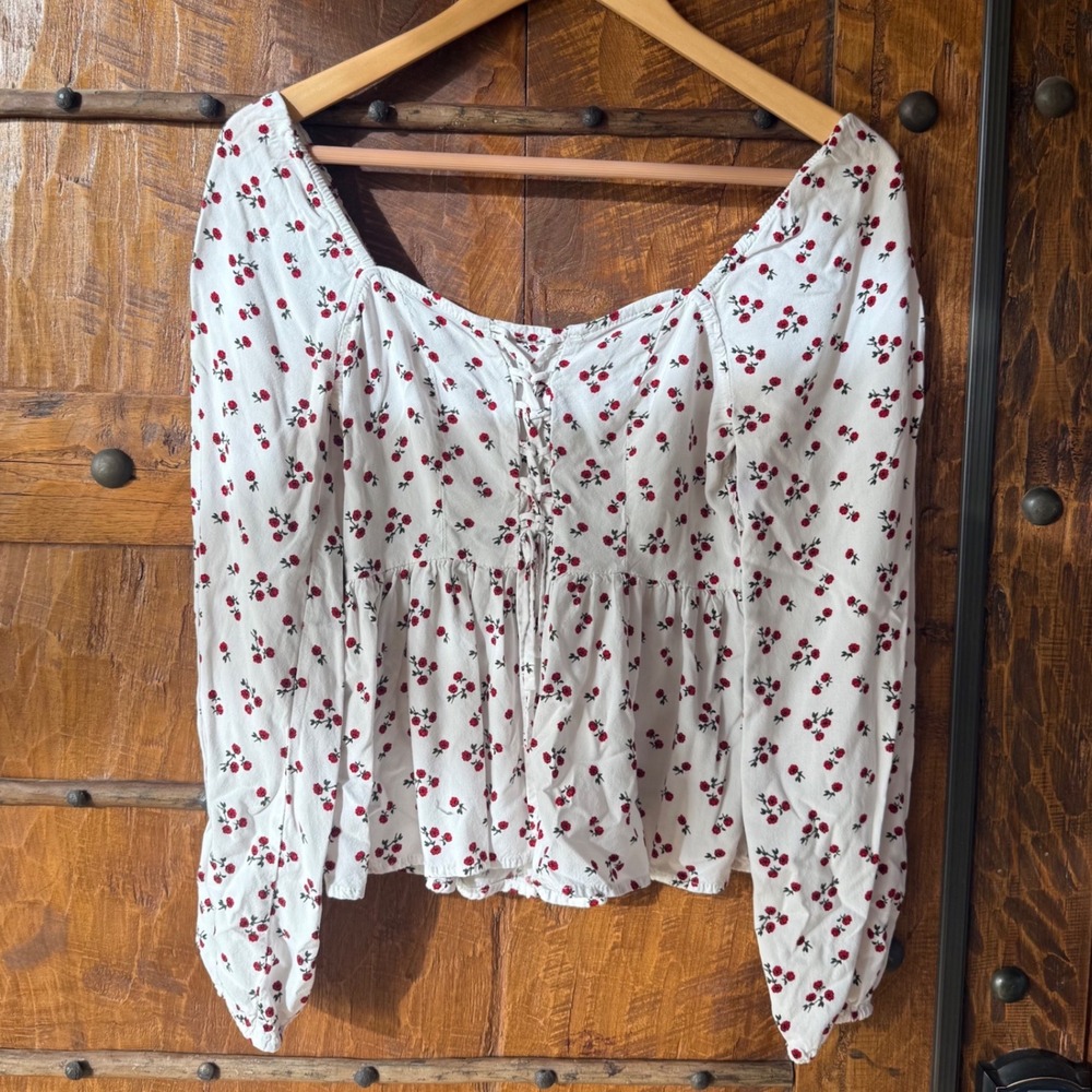 Aeropostale Floral Lace Up Top Womens XS White Rose Long Sleeve Coquette Peplum